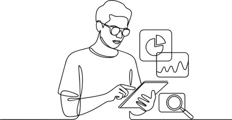 Minimalist line art of a person using a tablet with business analytics icons on a clean white background