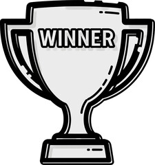 A black and white line art illustration of a winner's trophy cup, depicted in a simple, bold, and iconic cartoon style.