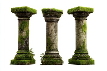 Fototapeta premium Three weathered stone pillars, overgrown with moss