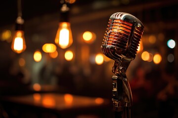 Retro microphone in a dimly lit, warm-toned space with Edison bulbs