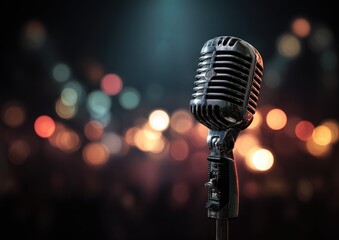 Vintage microphone on stage, illuminated by city lights