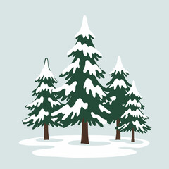 Fototapeta premium Vector illustration of a serene winter forest with snow-covered evergreen pine trees on a light background