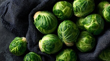 Fototapeta premium Geometric styled brussels sprouts lined over black linen, contrast-rich setup, overhead crop