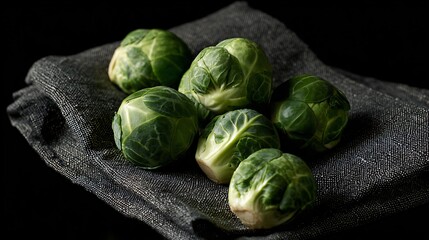 Geometric styled brussels sprouts lined over black linen, contrast-rich setup, overhead crop