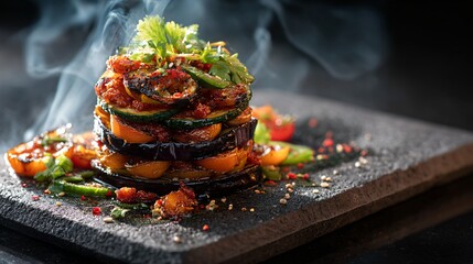 High-end food styling shot with aubergine tower over charcoal slab, conceptual feel