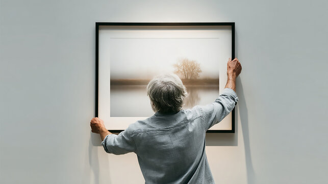 Person Hanging Framed Artwork on Wall