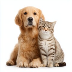 Obraz premium Golden Retriever and Cat Companionship , isolated on white background png