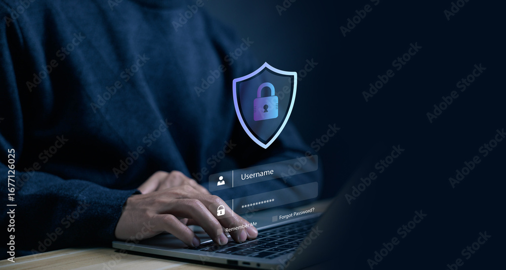 Poster cybersecurity login concept with user entering password on laptop and digital shield icon, symbolizi