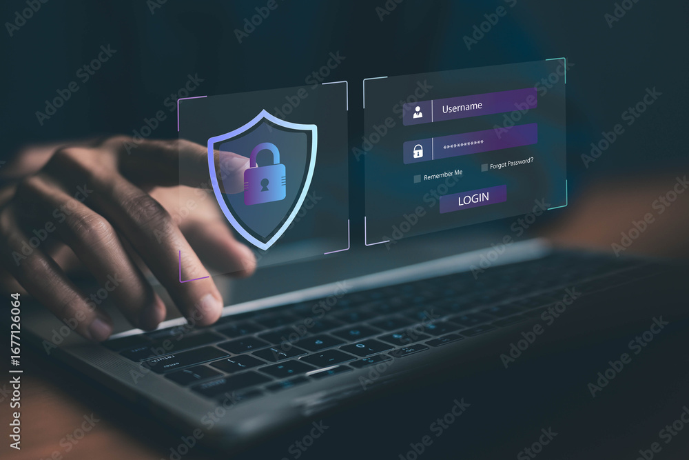 Poster cybersecurity concept with login screen and security shield icon, representing data protection, onli