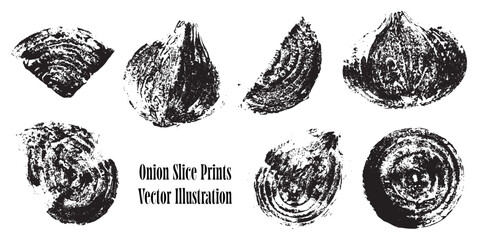 Set of vector onion slice prints with rustic textures. Hand-stamped vegetable rings illustration, perfect for organic food packaging, kitchen decor, textile design, and healthy cooking concepts.