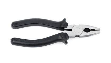 Black-handled pliers on white background