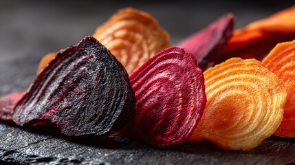 Macro texture study of sliced roasted carrots and beet chips on black stone plate