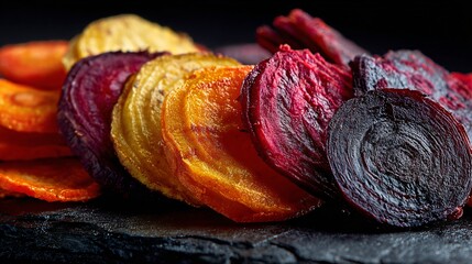 Macro texture study of sliced roasted carrots and beet chips on black stone plate