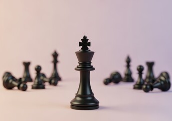 Black chess king standing tall among fallen pieces on pastel background