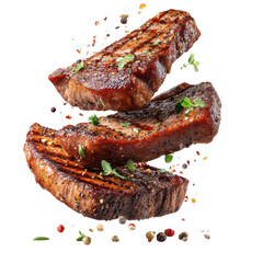 Grill Pork Chops Beef steaks, realistic 3d brisket flying in the air, grilled meat collection, ultra realistic, icon, detailed, angle view food photo, steak composition, [Transparent Background PNG].