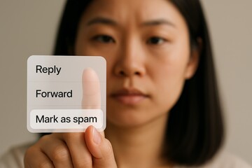 Focused woman using virtual interface to mark email as spam