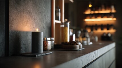 A minimalist kitchen workspace in moody grey with seasonal spice rack and candle