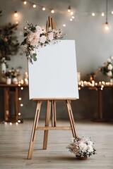 Blank easel sign decorated with blush pink flowers and greenery