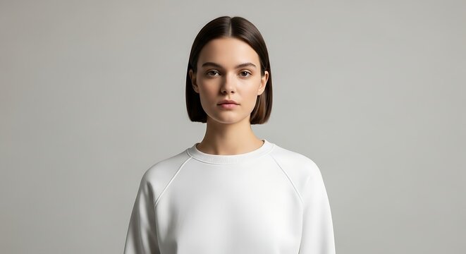Minimalist studio portrait of a young woman with short hair in a white top, exuding calm and modern simplicity