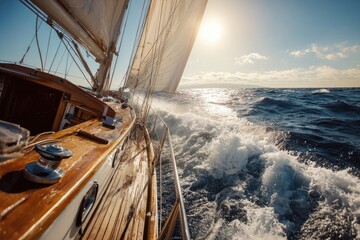 Sailing yacht cuts through waves in sunshine