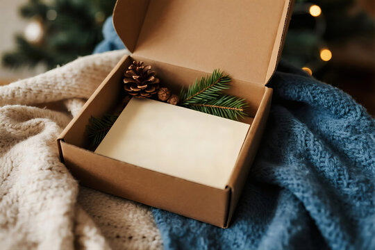 gift box wood winter snowflake pinecone pine tree decoration frame photos greeting cards mockup photo E-commerce marketing poster Background shooting scene