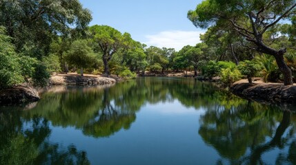 Fototapeta premium Serene park lake reflecting lush greenery under a clear sky.