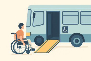 wheelchair user boarding accessible public transport bus with ramp and disability support icon
