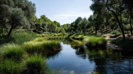 Tranquil lake nestled within a lush green woodland, reflecting the surrounding trees and sky.