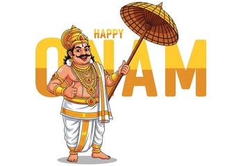Happy Onam Illustration Vector Art of King Mahabali with Umbrella for the Kerala Festival
