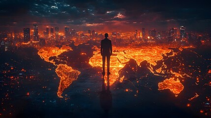 Businessman stands on a holographic world map with key investment zones glowing under his feet