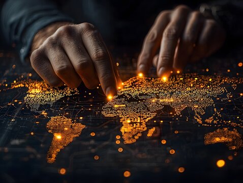 Businessman analyzing global financial trends on a digital world map