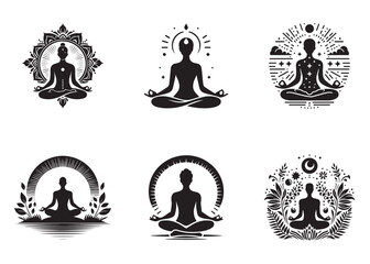 meditation and yoga logo design silhouette vector, yoga logo icon design silhouette vector, black silhouette logo yoga, yoga pose silhouette vector logo on white background