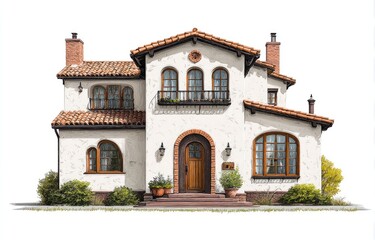 Fototapeta premium Elegant, light-cream-colored, two-story home with terracotta roof, arched windows and a front porch