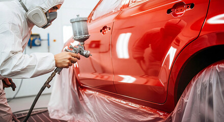 Auto Body Repair: Red Car Painting in Protective Gear
