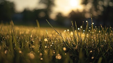 Dew-kissed grass at dawn. Sunlight filters through dewy blades