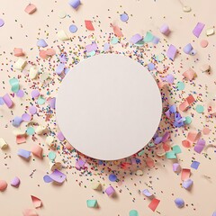 Blank circle surrounded by colorful confetti on pastel background