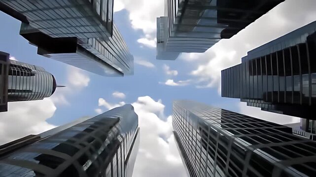 Low angle view of converging skyscraper lines forming a dizzying geometric pattern against dynamic, moving clouds.