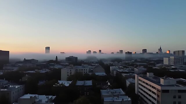 Serene rooftop panorama at dawn, city awakens under a soft morning fog blanketing urban sprawls lower levels.