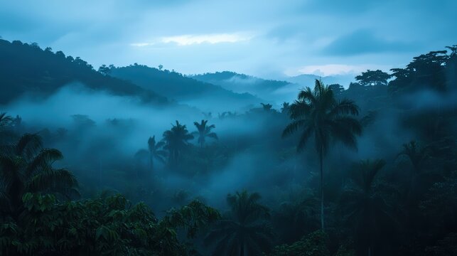 A serene landscape featuring mist-covered mountains and lush palm trees under a moody blue sky.