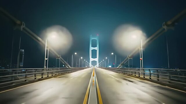 Looking down a perfectly symmetrical, empty suspension bridge at night, cables and lights create a beautiful repeating pattern in the distance.