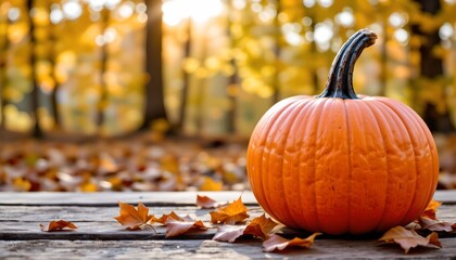 A vibrant autumn setting featuring a pumpkin in front of fallen leaves.