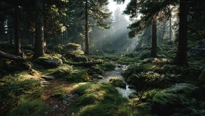 Obraz premium Misty forest creek scene with sunlight filtering through trees