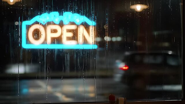 Rain streaks down a lonely diner window at night, a single neon open sign reflecting on wet asphalt outside.