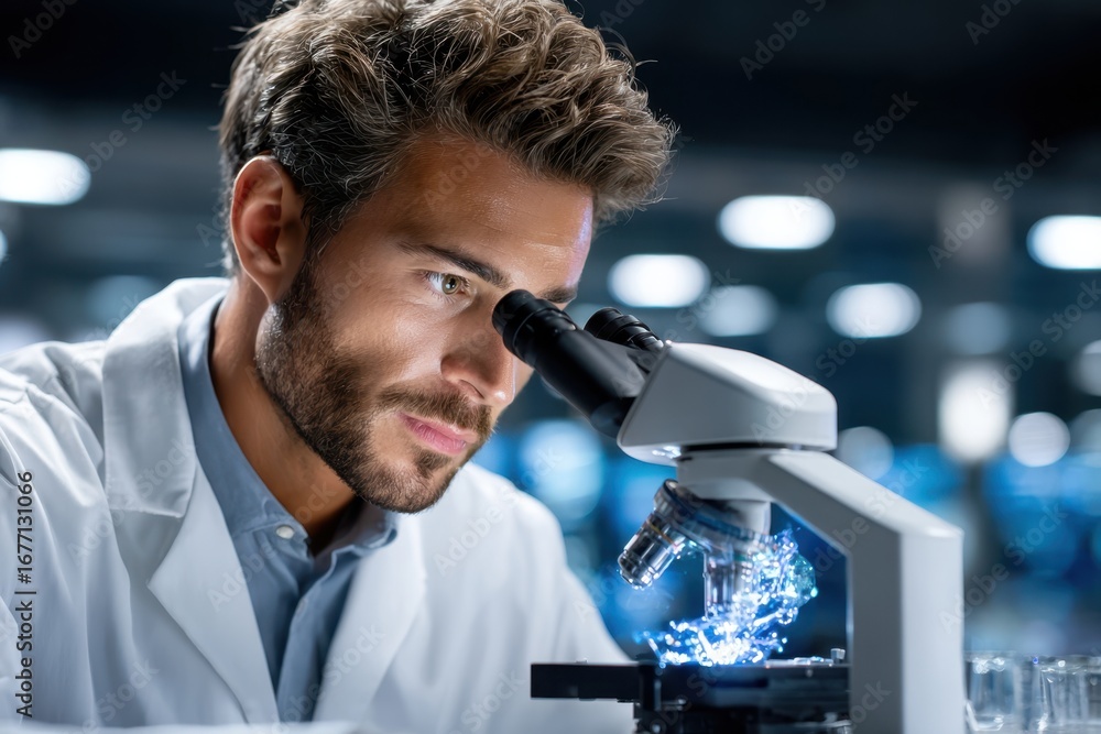 Poster scientist examines a specimen under a microscope in a laboratory setting