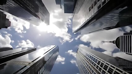 Skyscrapers converging lines form a dizzying geometric pattern against dramatic, fast-moving clouds, a breathtaking urban vista.