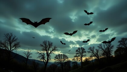 Fototapeta premium A nighttime scene with a group of bats in flight against a sky darkened by clouds, illuminated by the glow of a full moon