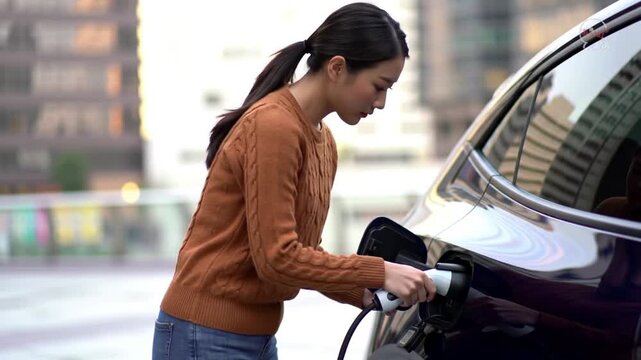 Woman Charging Electric Vehicle: Sustainable Urban Transportation