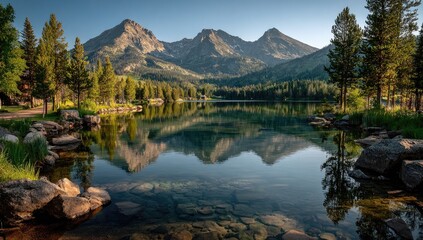Serene mountain lake reflecting peaks at dawn