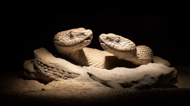 A fossilized two-headed serpent emerging dramatically from stone under museum lighting, evoking ancient mysteries.