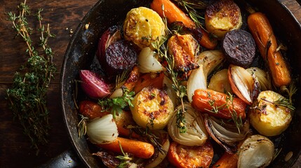 A top-down kitchen shot of warm roasted root vegetables in charcoal pan, golden edges